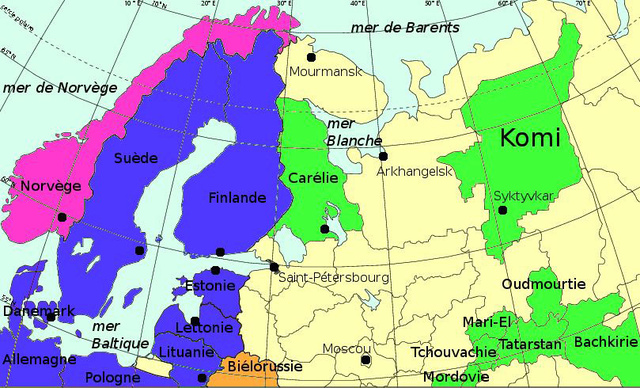 La république de Komi dans l'Europe boréale (en vert : les républiques de Russie).